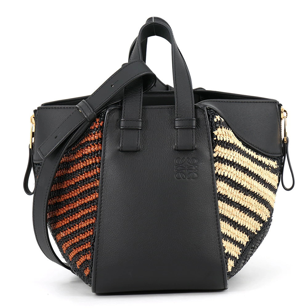 Loewe Hammock Compact Raffia Leather 2Way Shoulder Bag Black